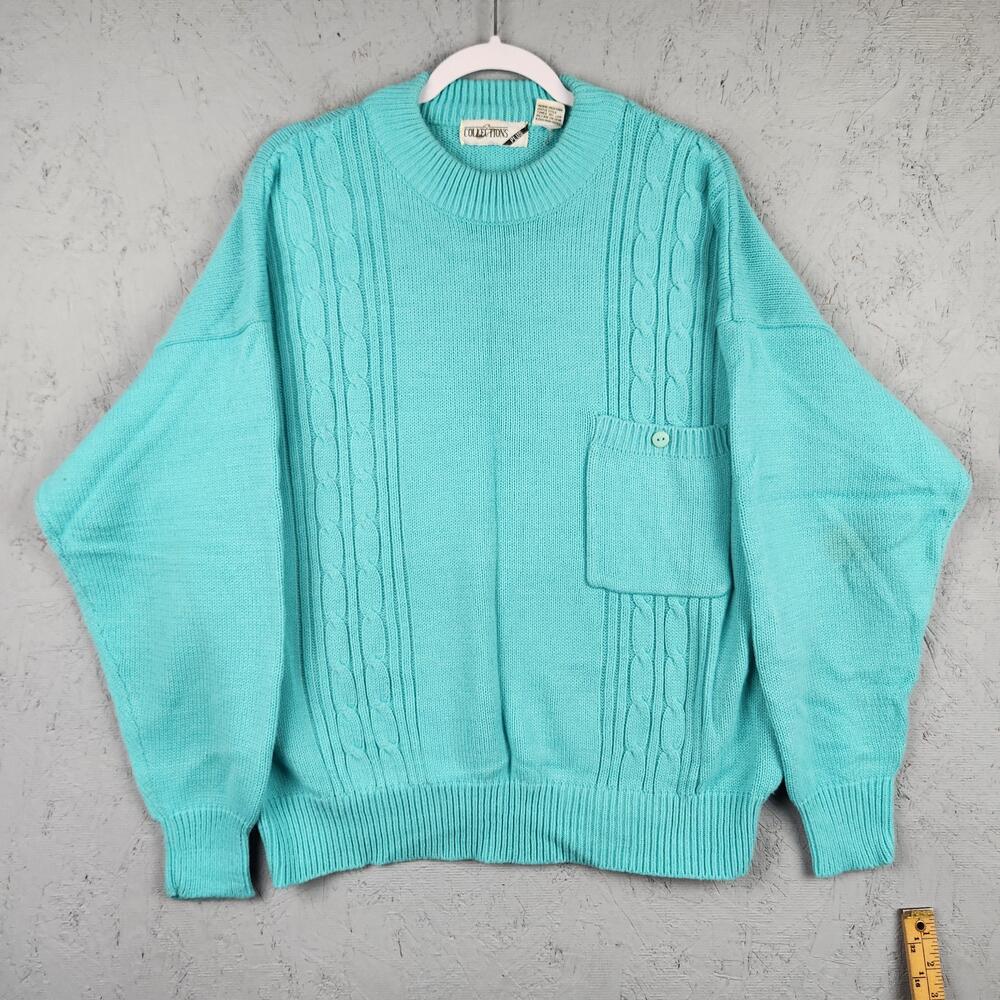 Vintage Collections Plus Sweater Womens 22W Turquoise Cable Knit Pocket Acrylic